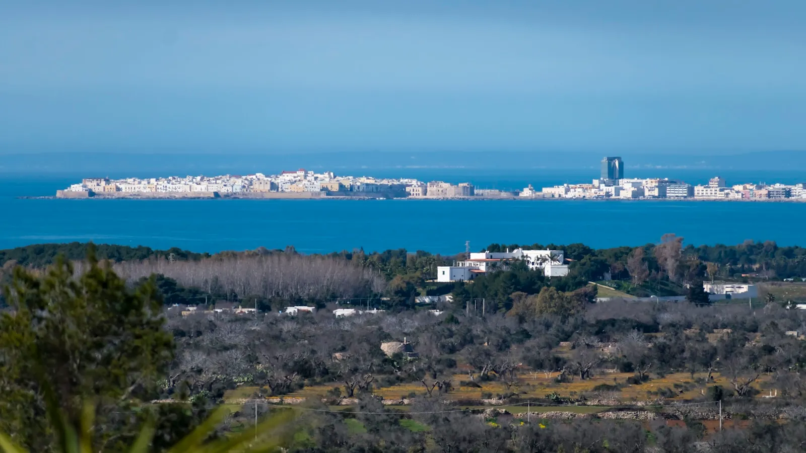Il centro storico di Gallipoli visto dal mare, sul promontorio affacciato sul mare ionico