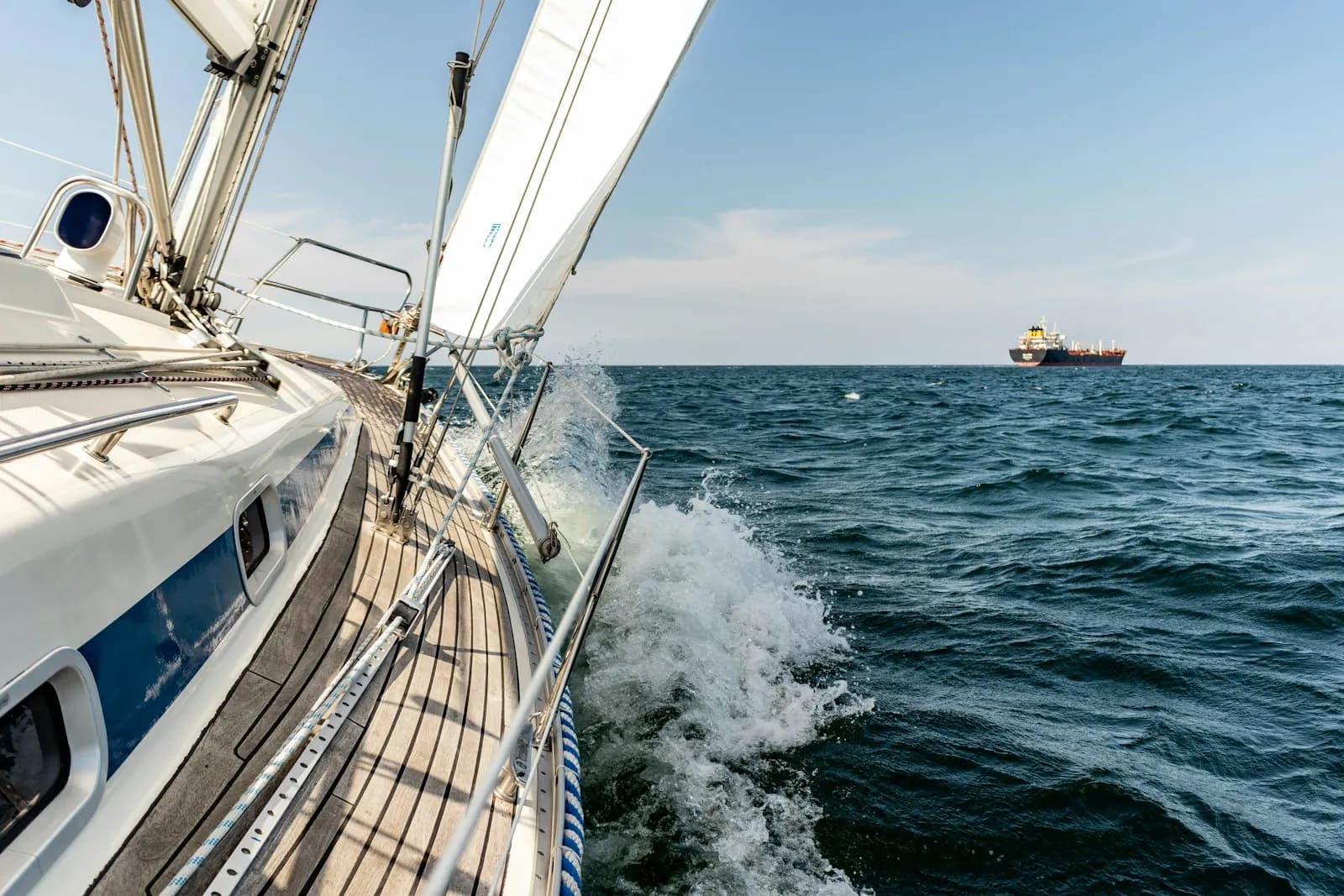 Barca a vela in navigazione sul mare aperto con spruzzi d'acqua