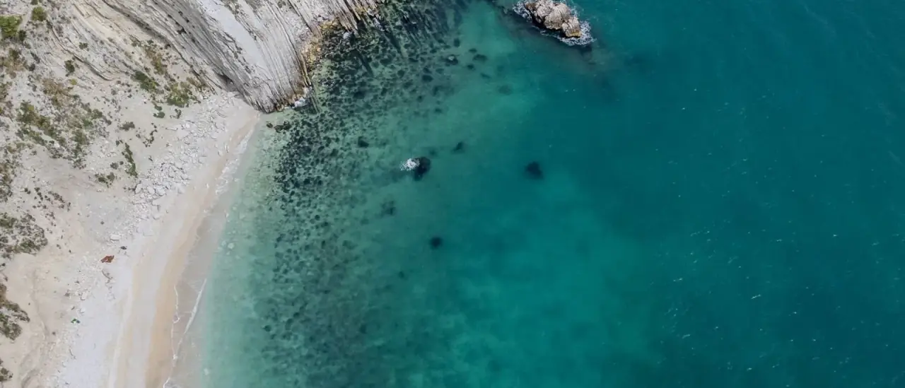 Vista aerea delle falesie stratificate bianche del Monte Conero a picco su un mare turchese, con una piccola caletta di ciottoli ai loro piedi
