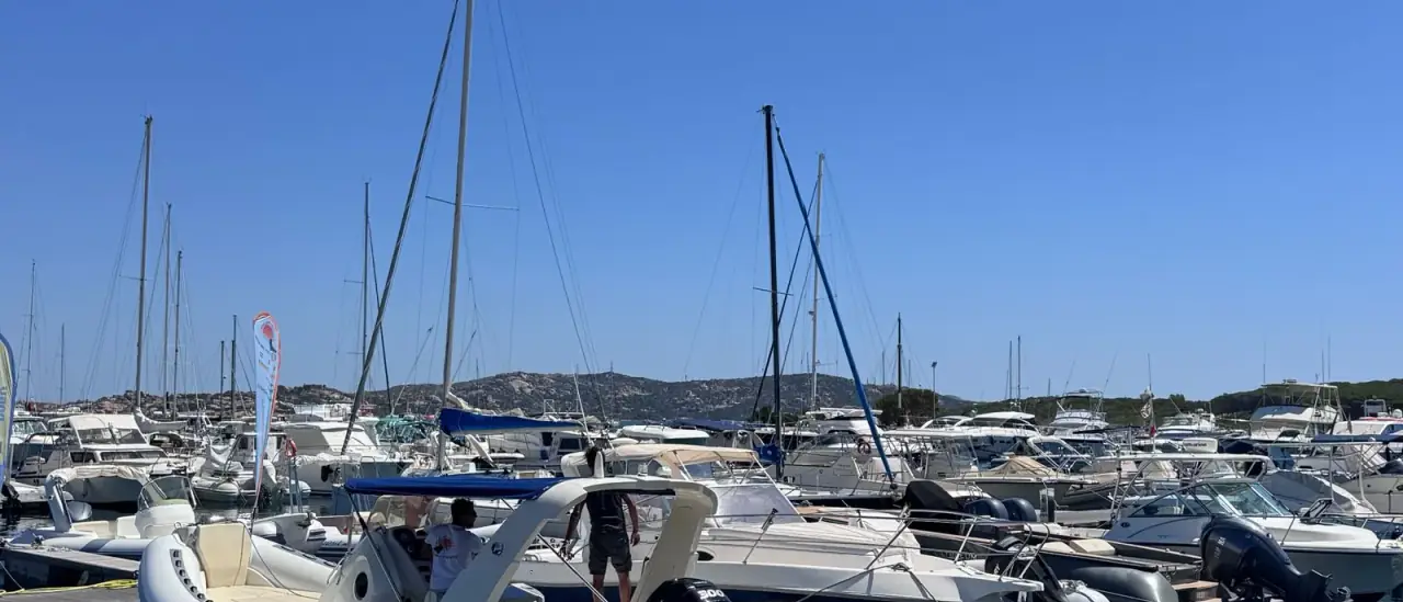 Gommoni e barche a motore ormeggiati in un porto turistico sotto un cielo azzurro