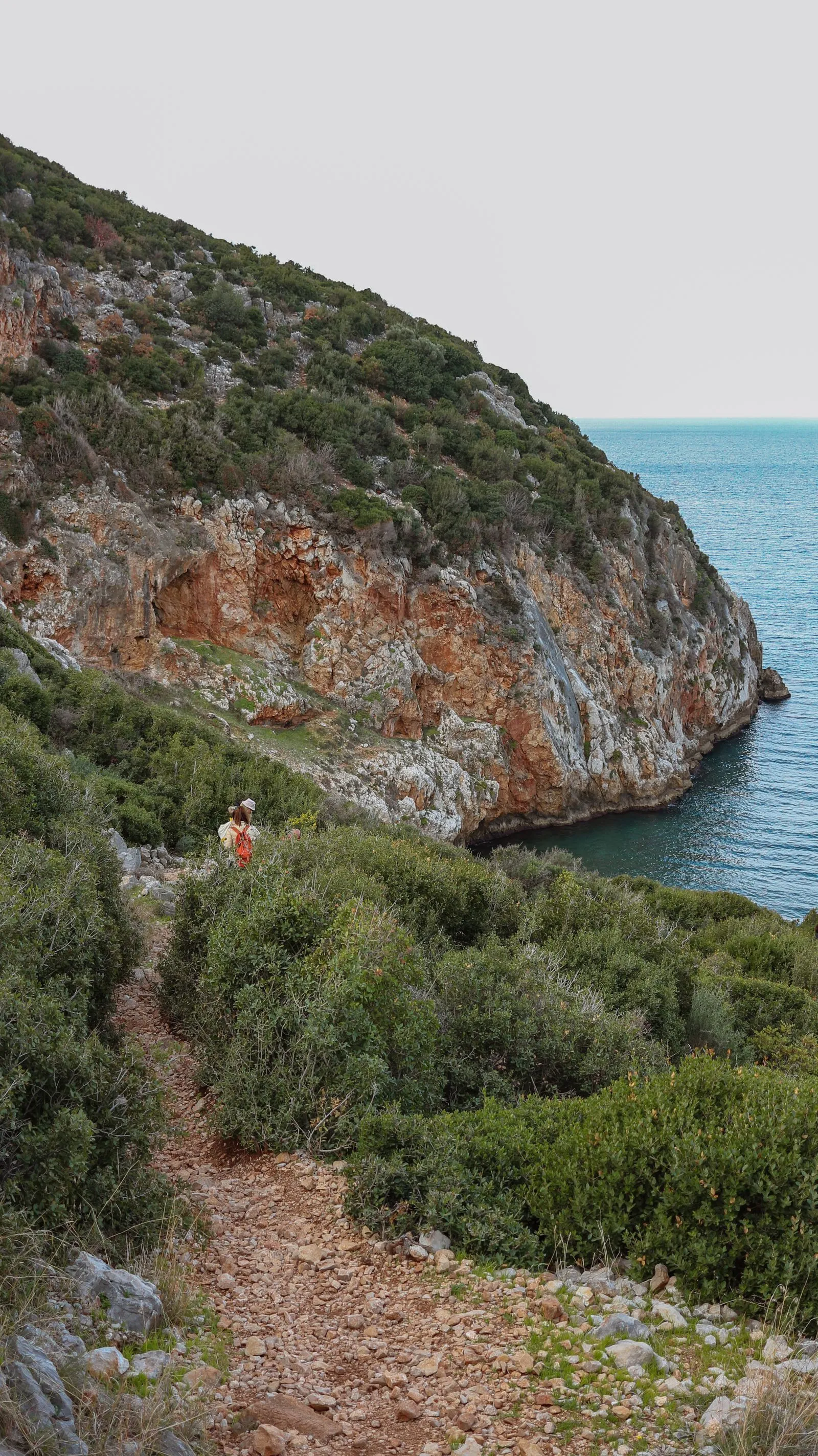Sentiero escursionistico tra la macchia mediterranea con scogliera rocciosa e mare cristallino